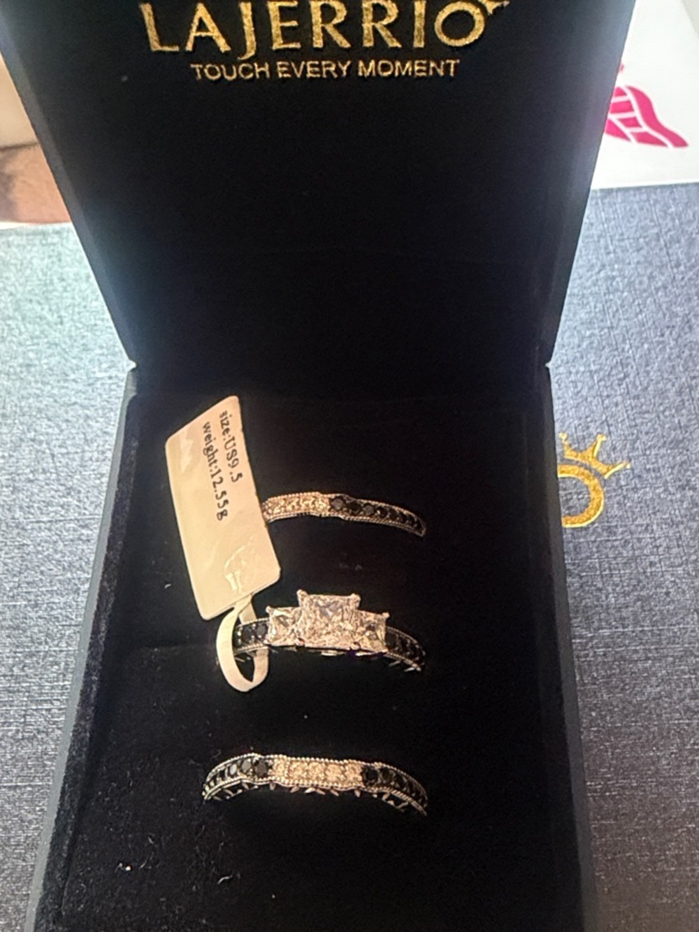 LAJERRIO 3-Piece Bridal Wedding Ring Set Black & Clear Stones Size 9.5